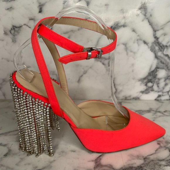 Area Shoes - AREA Neon Orange Crystal Chandelier Canvas Block Heel Point Toe Pumps